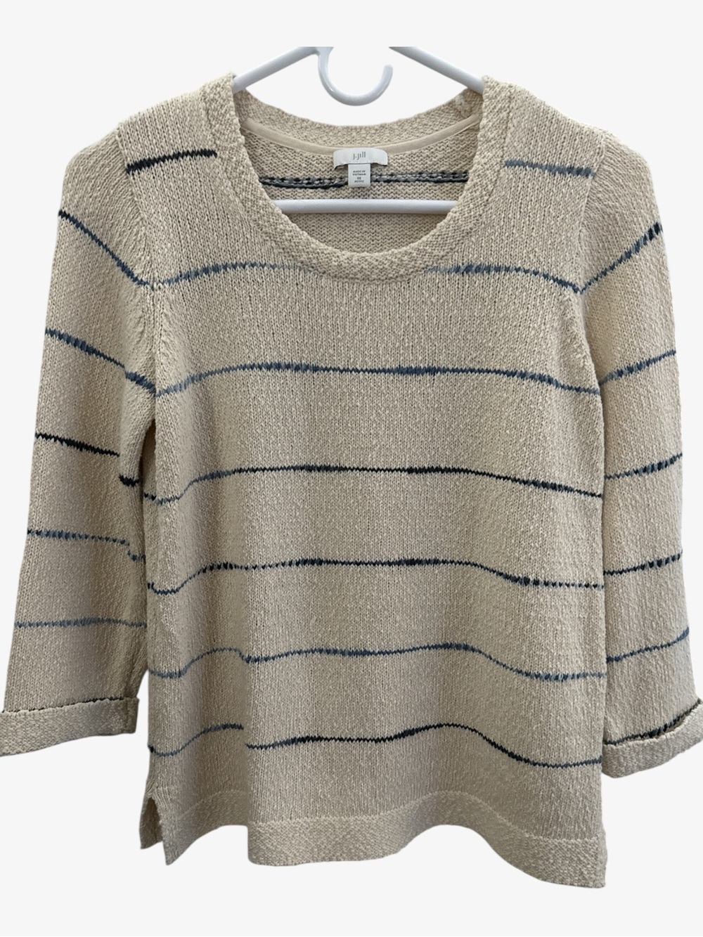 J. Jill XSP Slub Texture Knit Sweater 3/4 Sleeve Cream & Blue Coastal - Picture 4 of 4